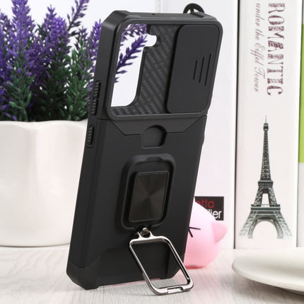 For Samsung Galaxy S22+ 5G Sliding Camera Cover Design PC + TPU Shockproof Phone Case with Ring Holder & Card Slot(Black)-garmade.com