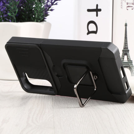 For Samsung Galaxy S22+ 5G Sliding Camera Cover Design PC + TPU Shockproof Phone Case with Ring Holder & Card Slot(Black)-garmade.com