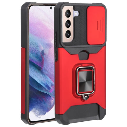 For Samsung Galaxy S22+ 5G Sliding Camera Cover Design PC + TPU Shockproof Phone Case with Ring Holder & Card Slot(Red)-garmade.com