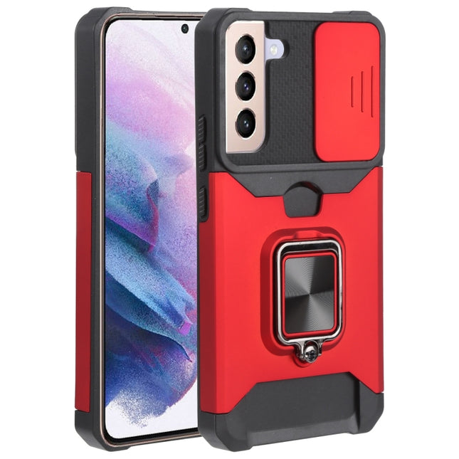For Samsung Galaxy S22+ 5G Sliding Camera Cover Design PC + TPU Shockproof Phone Case with Ring Holder & Card Slot(Red)-garmade.com