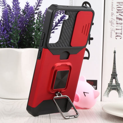 For Samsung Galaxy S22+ 5G Sliding Camera Cover Design PC + TPU Shockproof Phone Case with Ring Holder & Card Slot(Red)-garmade.com