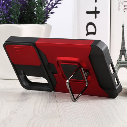 For Samsung Galaxy S22+ 5G Sliding Camera Cover Design PC + TPU Shockproof Phone Case with Ring Holder & Card Slot(Red)-garmade.com