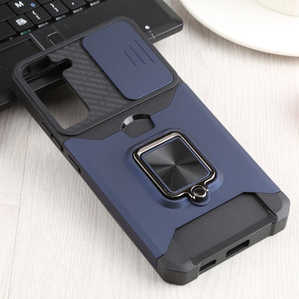 For Samsung Galaxy S22+ 5G Sliding Camera Cover Design PC + TPU Shockproof Phone Case with Ring Holder & Card Slot(Blue)-garmade.com