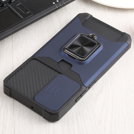 For Samsung Galaxy S22+ 5G Sliding Camera Cover Design PC + TPU Shockproof Phone Case with Ring Holder & Card Slot(Blue)-garmade.com