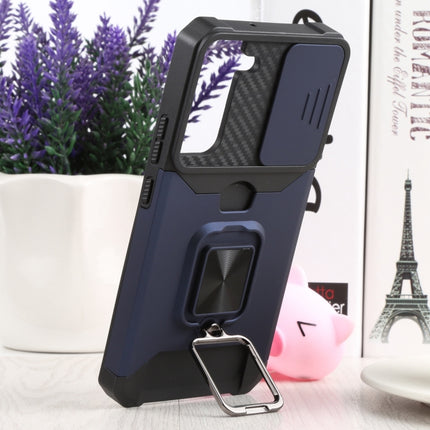 For Samsung Galaxy S22+ 5G Sliding Camera Cover Design PC + TPU Shockproof Phone Case with Ring Holder & Card Slot(Blue)-garmade.com