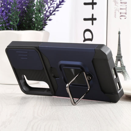 For Samsung Galaxy S22+ 5G Sliding Camera Cover Design PC + TPU Shockproof Phone Case with Ring Holder & Card Slot(Blue)-garmade.com