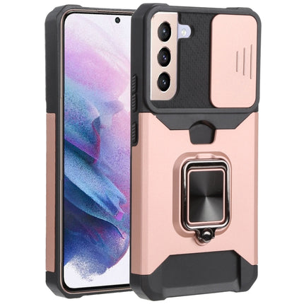 For Samsung Galaxy S22+ 5G Sliding Camera Cover Design PC + TPU Shockproof Phone Case with Ring Holder & Card Slot(Rose Gold)-garmade.com
