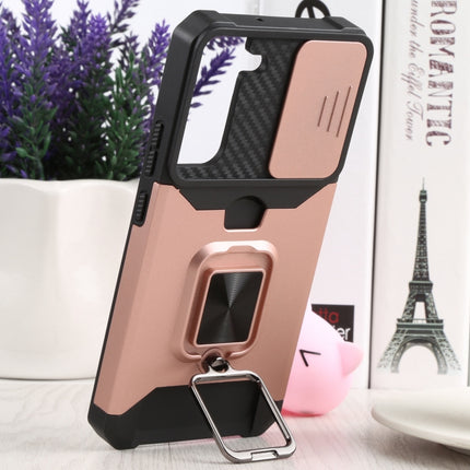 For Samsung Galaxy S22+ 5G Sliding Camera Cover Design PC + TPU Shockproof Phone Case with Ring Holder & Card Slot(Rose Gold)-garmade.com