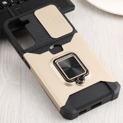For Samsung Galaxy S22+ 5G Sliding Camera Cover Design PC + TPU Shockproof Phone Case with Ring Holder & Card Slot(Gold)-garmade.com