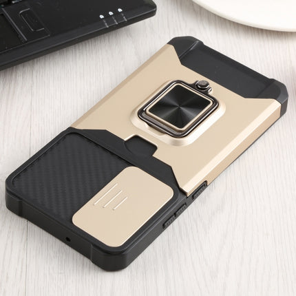 For Samsung Galaxy S22+ 5G Sliding Camera Cover Design PC + TPU Shockproof Phone Case with Ring Holder & Card Slot(Gold)-garmade.com