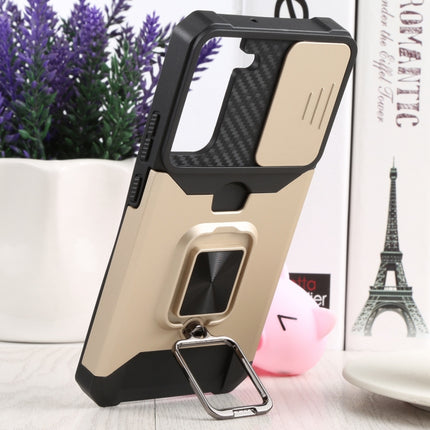 For Samsung Galaxy S22+ 5G Sliding Camera Cover Design PC + TPU Shockproof Phone Case with Ring Holder & Card Slot(Gold)-garmade.com