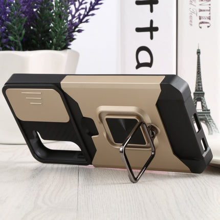 For Samsung Galaxy S22+ 5G Sliding Camera Cover Design PC + TPU Shockproof Phone Case with Ring Holder & Card Slot(Gold)-garmade.com