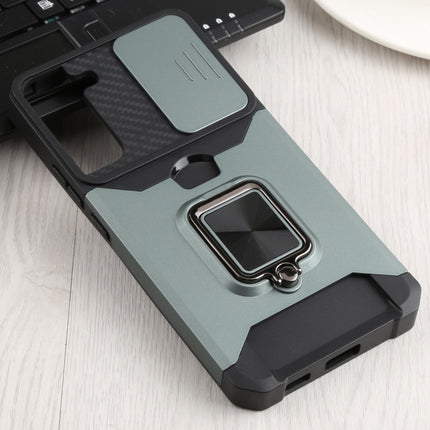 For Samsung Galaxy S22+ 5G Sliding Camera Cover Design PC + TPU Shockproof Phone Case with Ring Holder & Card Slot(Dark Green)-garmade.com