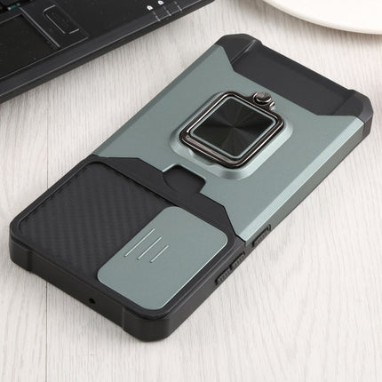 For Samsung Galaxy S22+ 5G Sliding Camera Cover Design PC + TPU Shockproof Phone Case with Ring Holder & Card Slot(Dark Green)-garmade.com