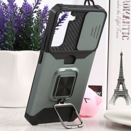 For Samsung Galaxy S22+ 5G Sliding Camera Cover Design PC + TPU Shockproof Phone Case with Ring Holder & Card Slot(Dark Green)-garmade.com