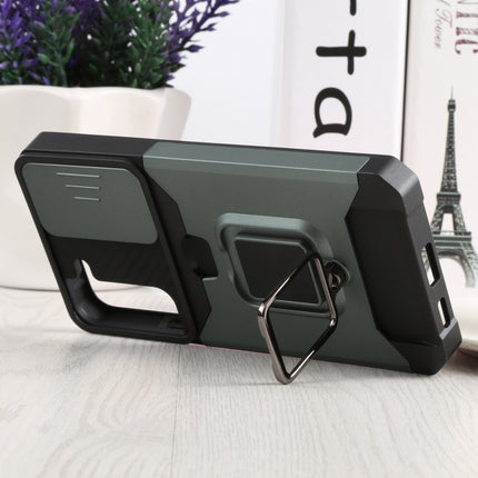 For Samsung Galaxy S22+ 5G Sliding Camera Cover Design PC + TPU Shockproof Phone Case with Ring Holder & Card Slot(Dark Green)-garmade.com