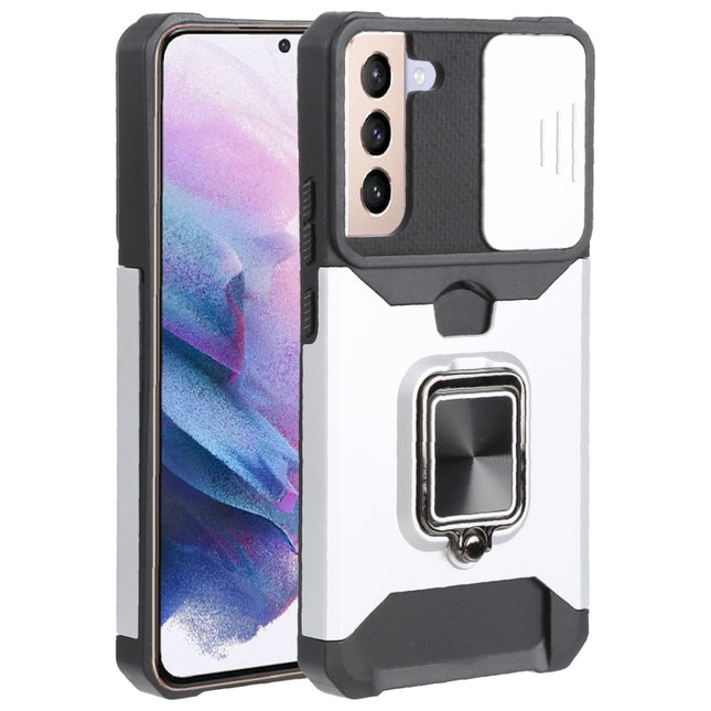 For Samsung Galaxy S22+ 5G Sliding Camera Cover Design PC + TPU Shockproof Phone Case with Ring Holder & Card Slot(Silver)-garmade.com