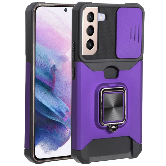 For Samsung Galaxy S22+ 5G Sliding Camera Cover Design PC + TPU Shockproof Phone Case with Ring Holder & Card Slot(Purple)-garmade.com
