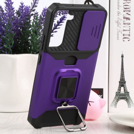For Samsung Galaxy S22+ 5G Sliding Camera Cover Design PC + TPU Shockproof Phone Case with Ring Holder & Card Slot(Purple)-garmade.com