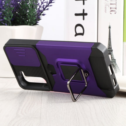 For Samsung Galaxy S22+ 5G Sliding Camera Cover Design PC + TPU Shockproof Phone Case with Ring Holder & Card Slot(Purple)-garmade.com