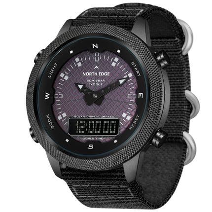 NORTH EDGE EVOQUE Solar Outdoor Waterproof Luminous Sports Nylon Strap Watch(Black)-garmade.com