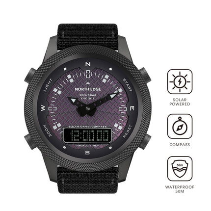 NORTH EDGE EVOQUE Solar Outdoor Waterproof Luminous Sports Nylon Strap Watch(Black)-garmade.com