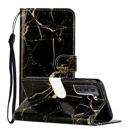 For Samsung Galaxy S22+ 5G Colored Drawing Marble Pattern PU Leather Phone Case(Black Gold Marble)-garmade.com