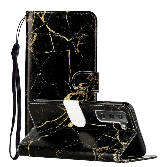 For Samsung Galaxy S22+ 5G Colored Drawing Marble Pattern PU Leather Phone Case(Black Gold Marble)-garmade.com