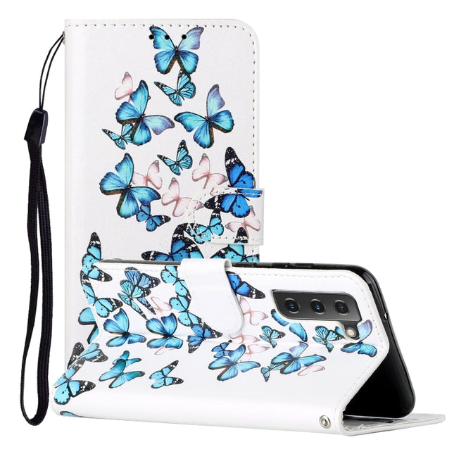 For Samsung Galaxy S22+ 5G Colored Drawing Marble Pattern PU Leather Phone Case(Little Blue Butterflies)-garmade.com