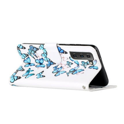 For Samsung Galaxy S22+ 5G Colored Drawing Marble Pattern PU Leather Phone Case(Little Blue Butterflies)-garmade.com