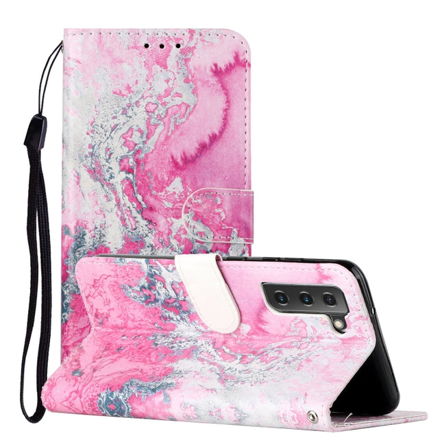 For Samsung Galaxy S22+ 5G Colored Drawing Marble Pattern PU Leather Phone Case(Pink Seawater)-garmade.com