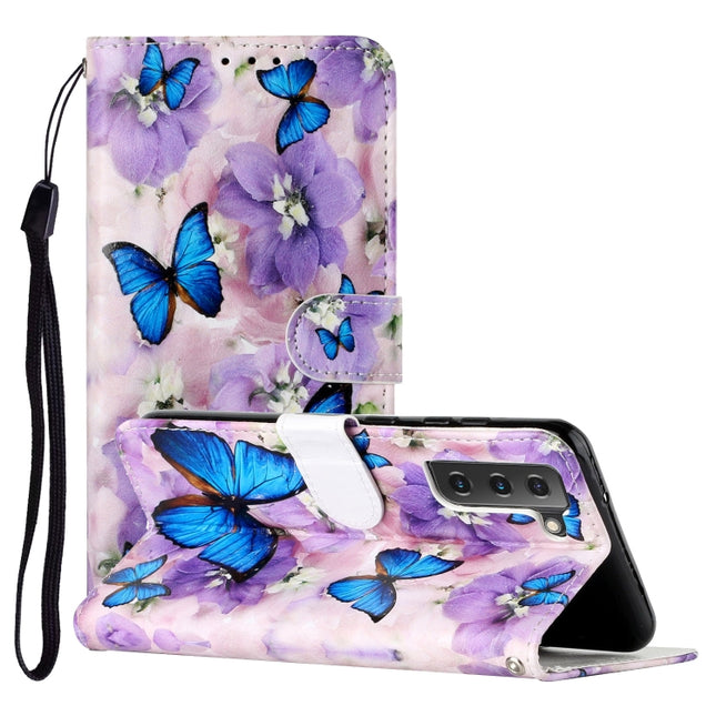 For Samsung Galaxy S22 5G Oil Embossed Pattern PU Leather Phone Case(Purple Flower Butterfly)-garmade.com