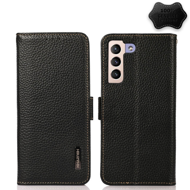 For Samsung Galaxy S22+ 5G KHAZNEH Side-Magnetic Litchi Genuine Leather RFID Phone Case(Black)-garmade.com