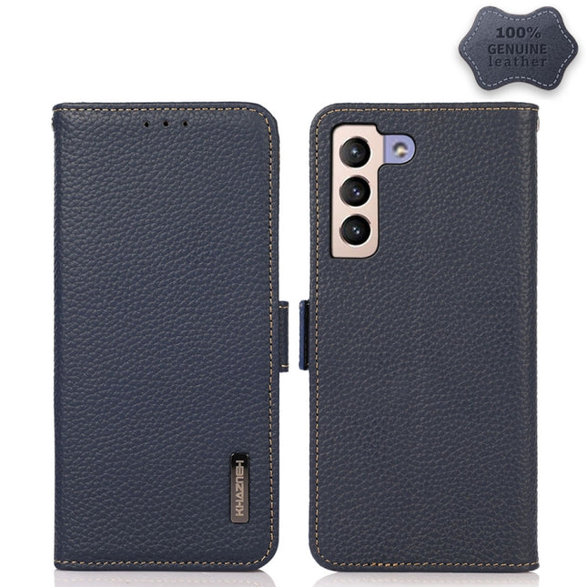 For Samsung Galaxy S22+ 5G KHAZNEH Side-Magnetic Litchi Genuine Leather RFID Phone Case(Blue)-garmade.com
