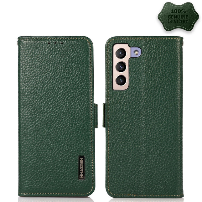 For Samsung Galaxy S22+ 5G KHAZNEH Side-Magnetic Litchi Genuine Leather RFID Phone Case(Green)-garmade.com