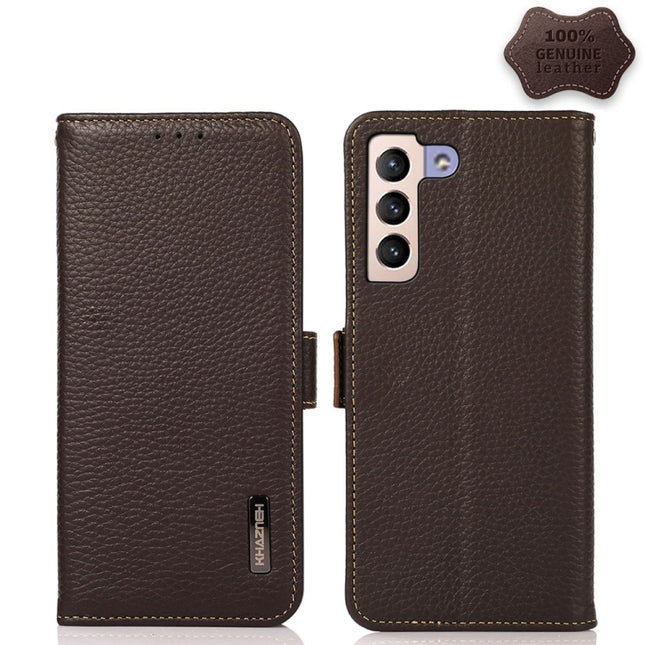 For Samsung Galaxy S22+ 5G KHAZNEH Side-Magnetic Litchi Genuine Leather RFID Phone Case(Brown)-garmade.com