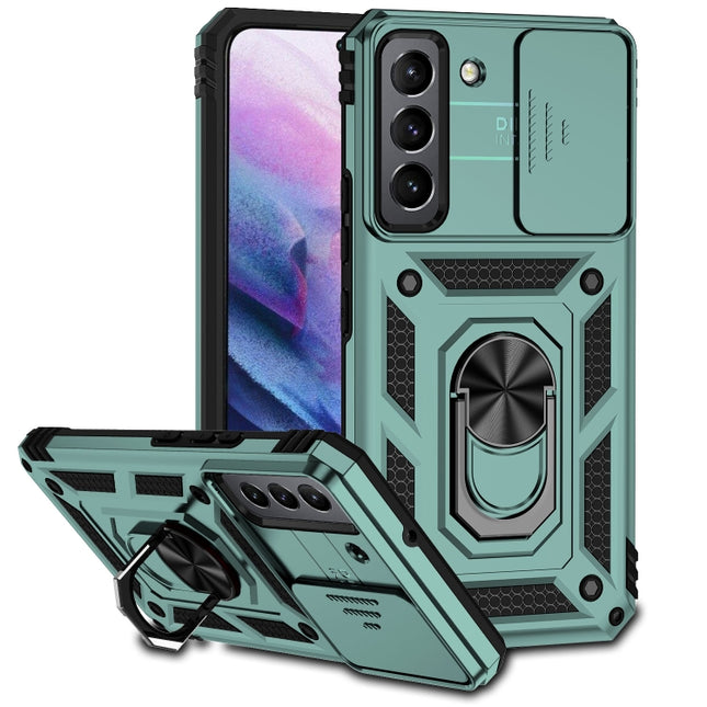 For Samsung Galaxy S22 5G Sliding Camshield Holder Phone Case(Dark Green)-garmade.com