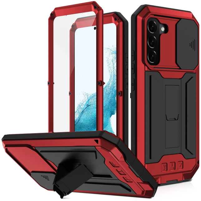 For Samsung Galaxy S22 5G R-JUST Sliding Camera Metal + Silicone Holder Phone Case(Red)-garmade.com