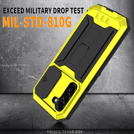For Samsung Galaxy S22 5G R-JUST Sliding Camera Metal + Silicone Holder Phone Case(Yellow)-garmade.com