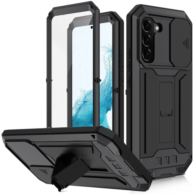 For Samsung Galaxy S22+ 5G R-JUST Sliding Camera Metal + Silicone Holder Phone Case(Black)-garmade.com