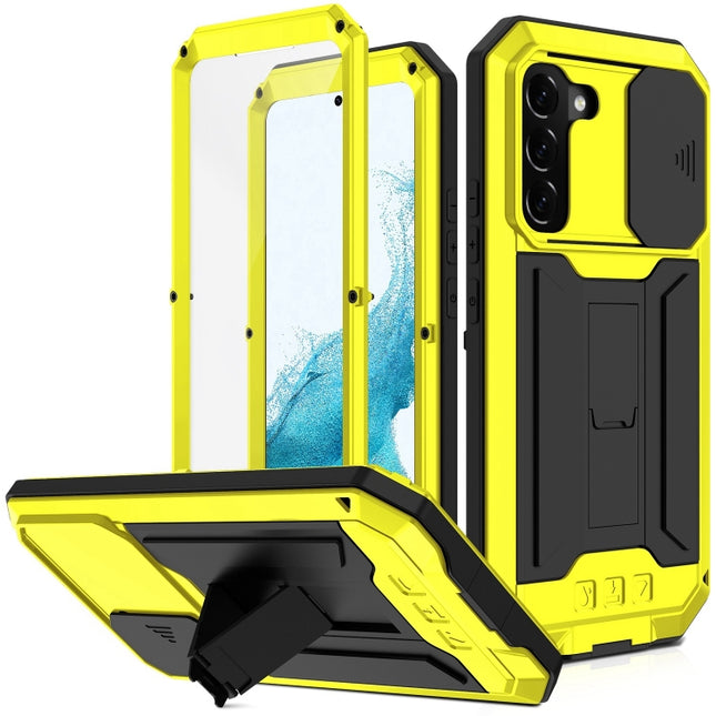 For Samsung Galaxy S22+ 5G R-JUST Sliding Camera Metal + Silicone Holder Phone Case(Yellow)-garmade.com
