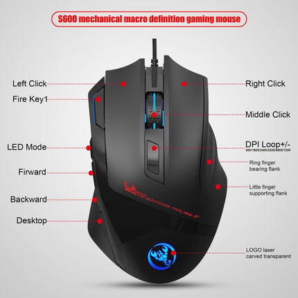 HXSJ S600 USB 7200dpi Adjustable 9-Keys Mechanical Wired Gaming Mouse(Black)-garmade.com