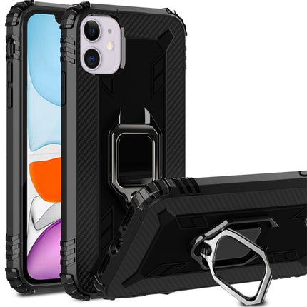 For iPhone 11 Carbon Fiber Protective Case with 360 Degree Rotating Ring Holder(Black)-garmade.com