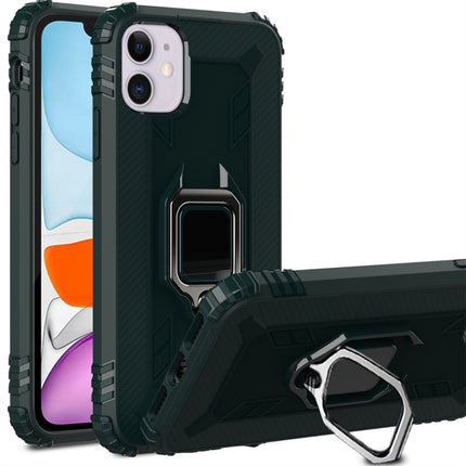 For iPhone 11 Carbon Fiber Protective Case with 360 Degree Rotating Ring Holder(Green)-garmade.com