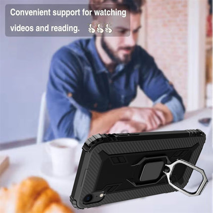 For iPhone XR Carbon Fiber Protective Case with 360 Degree Rotating Ring Holder(Black)-garmade.com