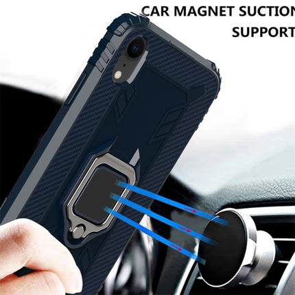 For iPhone XR Carbon Fiber Protective Case with 360 Degree Rotating Ring Holder(Blue)-garmade.com