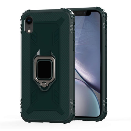 For iPhone XR Carbon Fiber Protective Case with 360 Degree Rotating Ring Holder(Green)-garmade.com