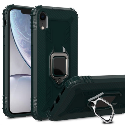 For iPhone XR Carbon Fiber Protective Case with 360 Degree Rotating Ring Holder(Green)-garmade.com