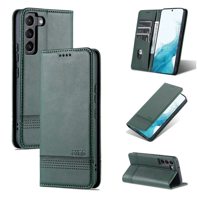 For Samsung Galaxy S22+ AZNS Magnetic Calf Texture Horizontal Flip Leather Phone Case(Dark Green)-garmade.com