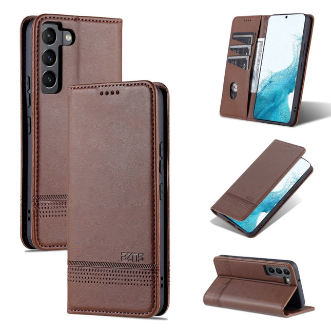For Samsung Galaxy S22+ AZNS Magnetic Calf Texture Horizontal Flip Leather Phone Case(Dark Brown)-garmade.com